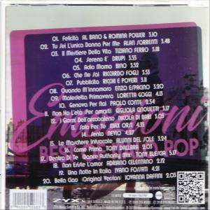 CD-Rückseite mit italienischer Titelliste, lila und rosa Akzenten und einem QR-Code.