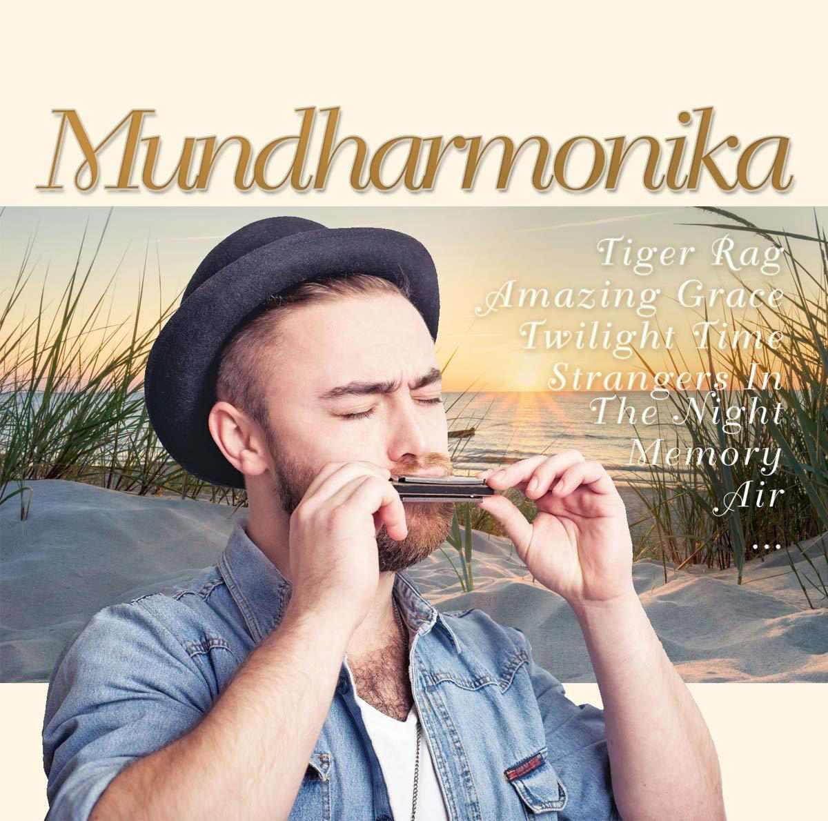 Mann spielt Mundharmonika. Hintergrund ist eine Strandszene bei Sonnenuntergang. Text: Mundharmonika und Songtitel.