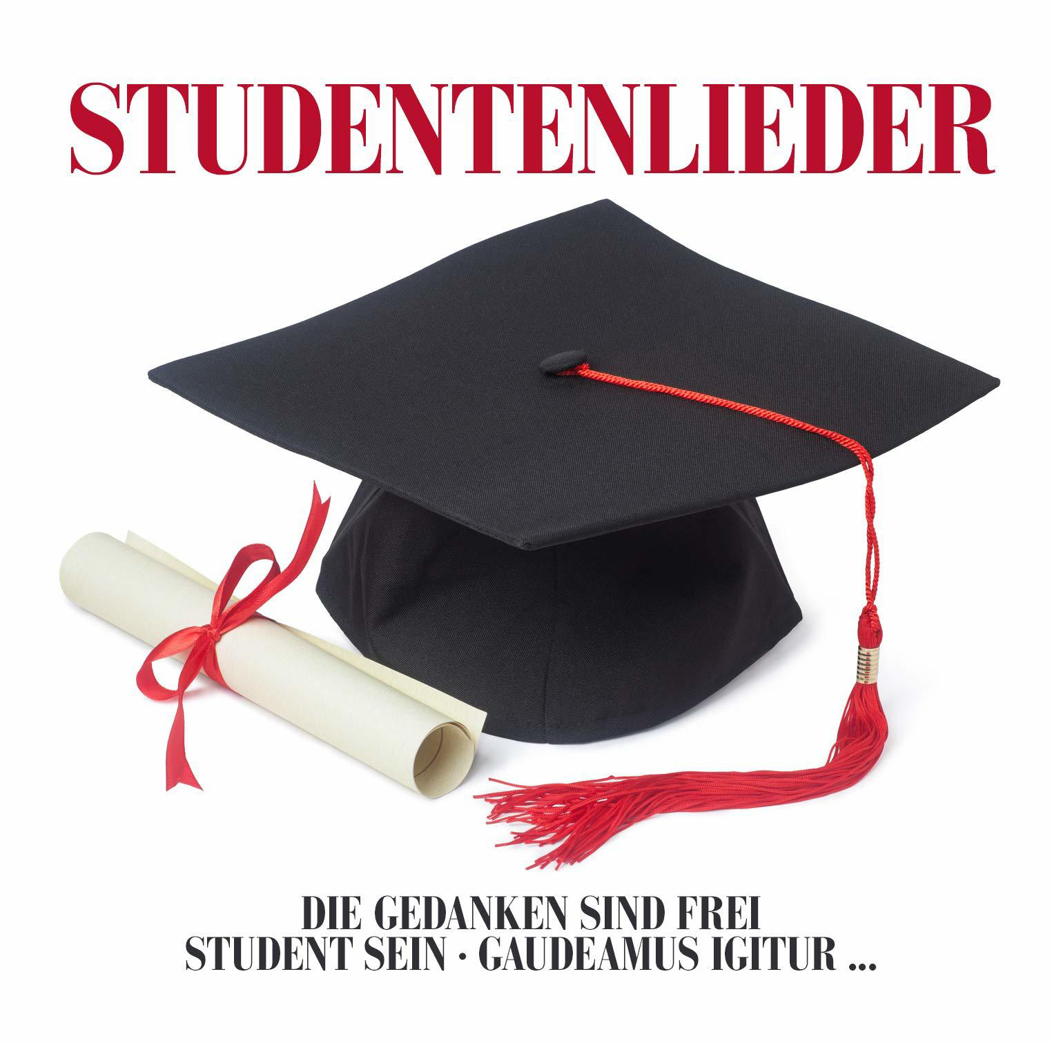 Abschlusskappe und Diplom mit rotem Band. Text: Studentenlieder, Die Gedanken sind frei, Student sein, Gaudeamus igitur.