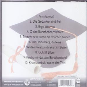 CD-Rückseite mit Abschlusskappe, Schriftrolle und Text. Songtitel umfassen 'Gaudeamus' und 'Ergo bibamus'.