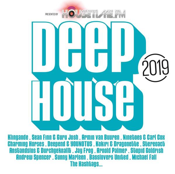 Albumcover. Weißer Titel Deep House 2019 auf blauem Hintergrund. Liste der Künstler.