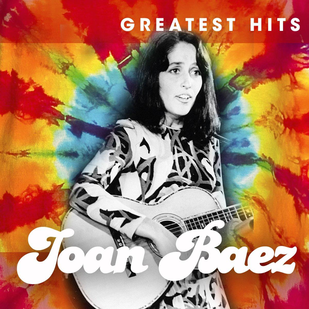 Albumcover von Joan Baez mit Gitarre vor einem Tie-Dye-Hintergrund. Titel: 'Greatest Hits'.