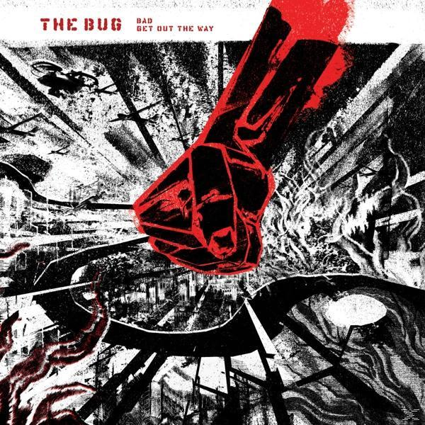 The Bug Albumcover mit roter Faust, abstrakten Formen und dunklem Hintergrund.
