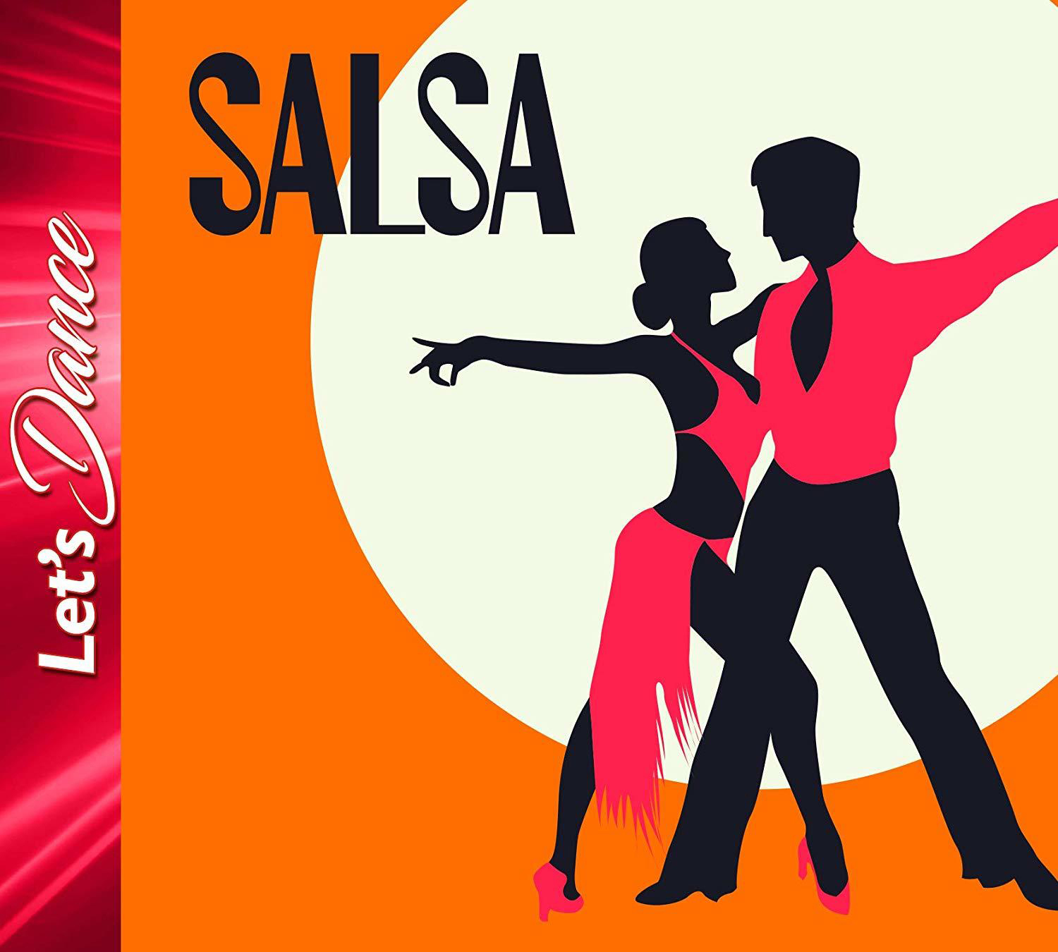 Salsa-Tanz-Illustration. Ein Paar als Silhouette, orangefarbener Hintergrund und die Worte 'Let's Dance'.
