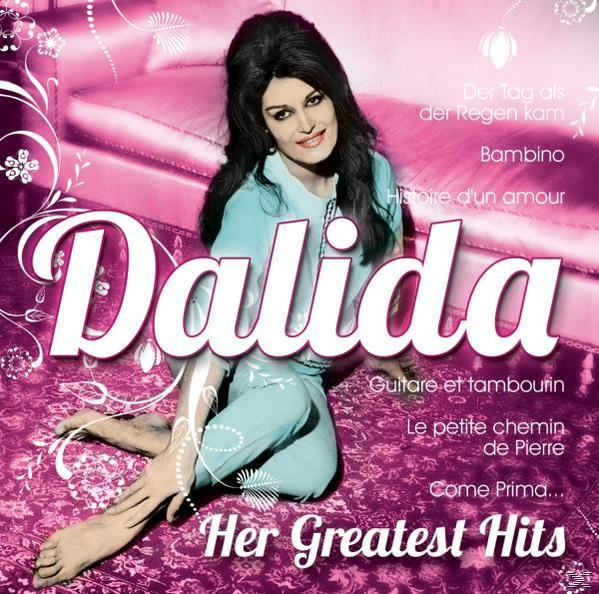 Dalida-Albumcover, Dalida auf einem rosa geblümten Hintergrund. Text: Dalida.