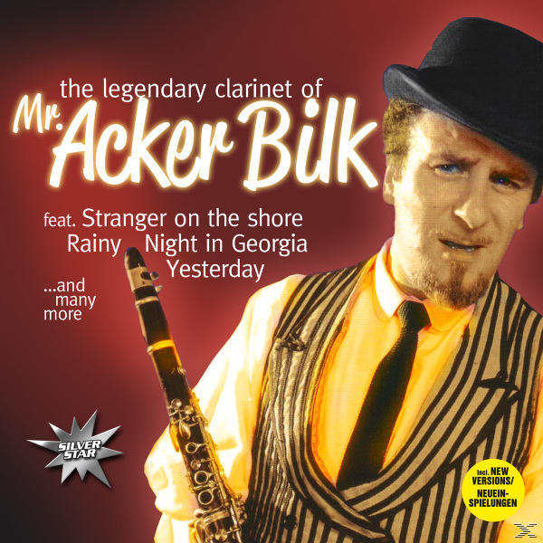 Albumcover mit einem Mann mit Hut, der eine Klarinette hält, Text: Mr. Acker Bilk, Stranger on the shore.