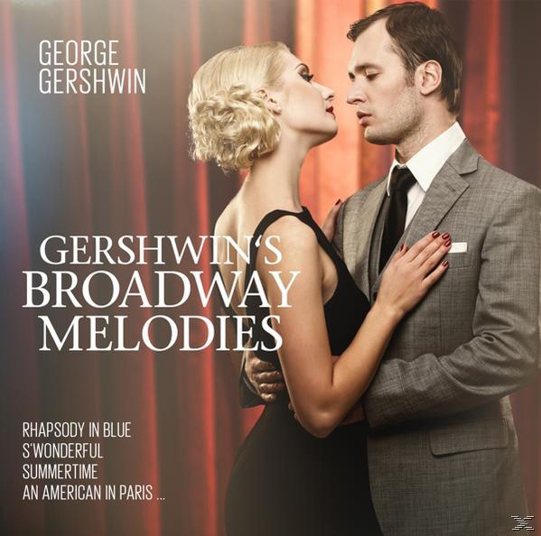 Gershwins Broadway Melodies Cover. Ein Paar umarmt sich, roter Vorhang im Hintergrund.
