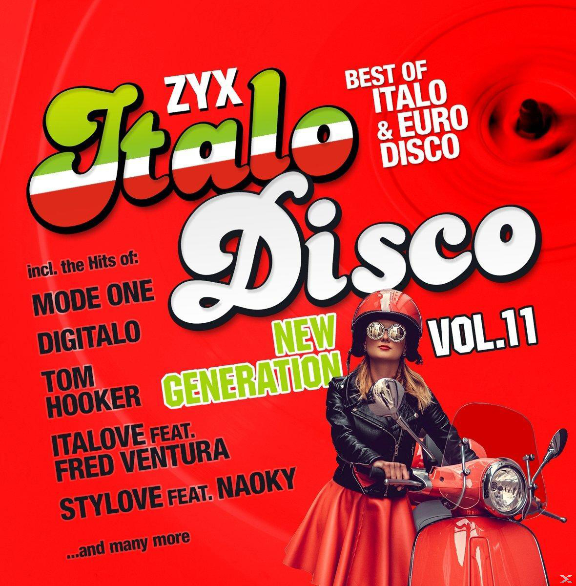 Albumcover: Eine Frau auf einem Roller, mit rotem Hintergrund. Titel 'Italo Disco'.