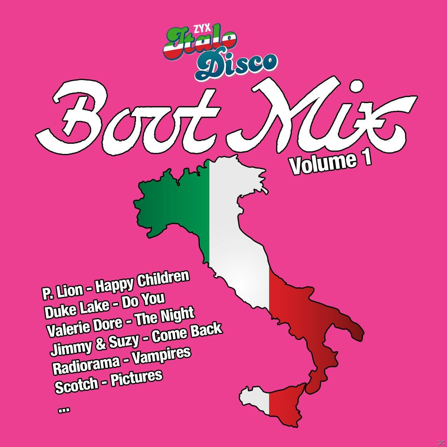Albumcover: Pinker Hintergrund, italienische Karte und Text für ein Compilation-Album, Disco Boot Mix Volume 1.