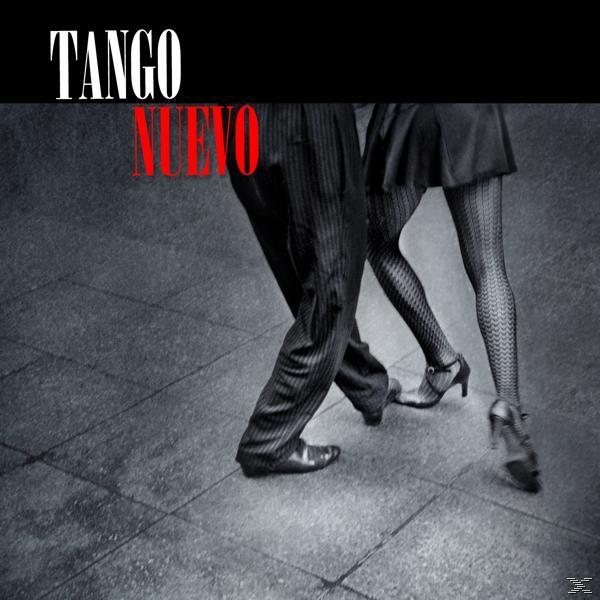Tango-Tänzer, Schwarzweißfoto. Ein Mann und eine Frau in Bewegung. Das Wort 'Tango Nuevo'.