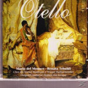 Otello Operncover. Ein Mann in Orange hält ein Schwert in der Nähe einer Frau im Bett.