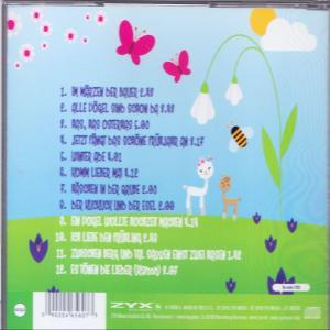 CD-Rückseite mit Titelliste, Schmetterlingen, Blumen und Zeichentricktieren.