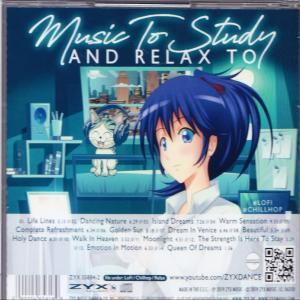 Anime-CD-Cover mit einem Mädchen, einer Katze und einem Raum. Text: 'Music To Study And Relax To' mit Titelliste.
