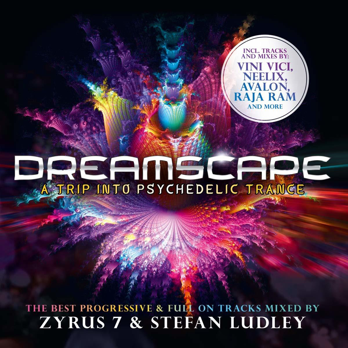 Dreamscape Albumcover. Farbenfrohes psychedelisches Bild mit Text: Eine Reise in den psychedelischen Trance.