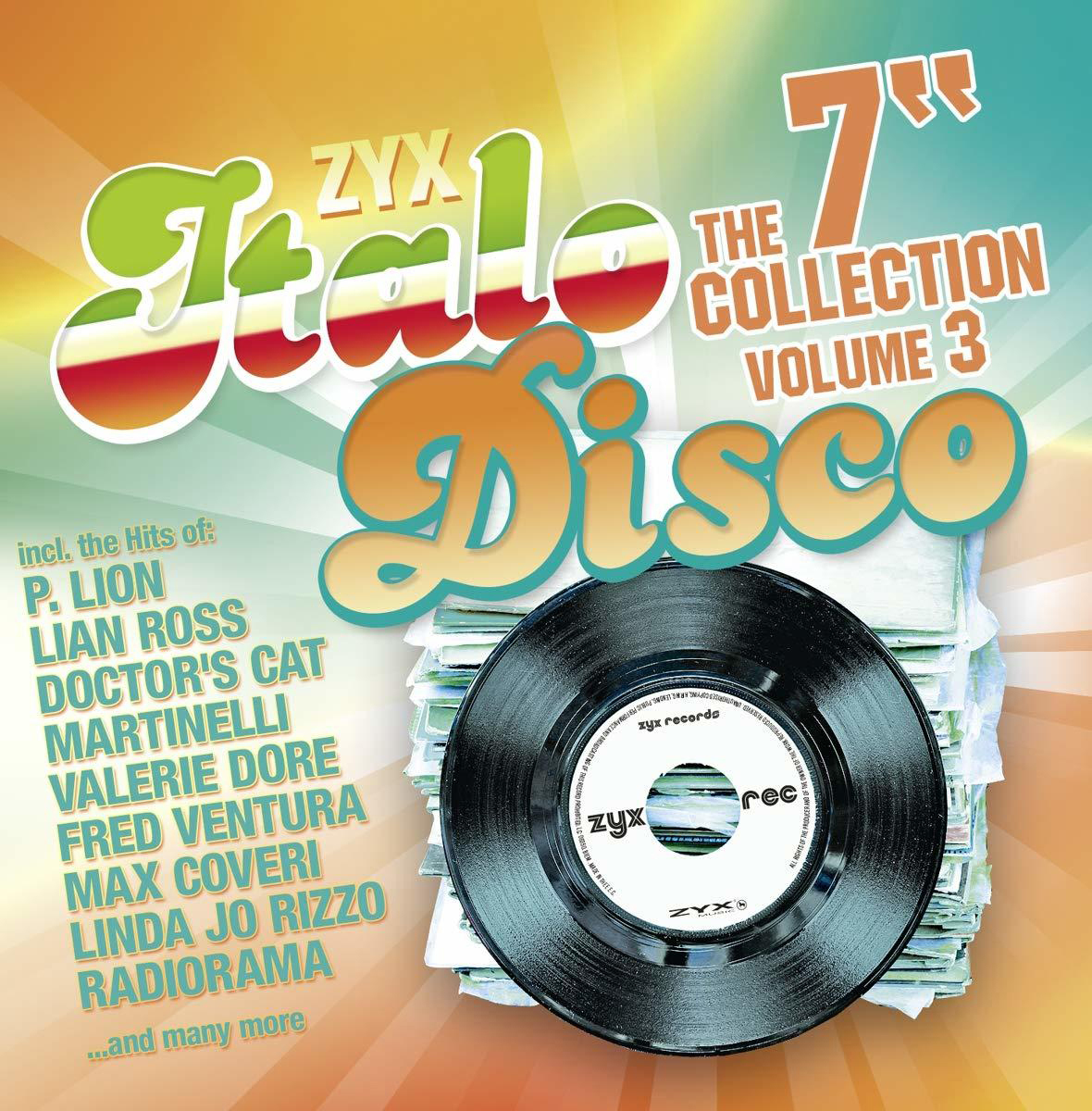 Albumcover für 'Italo Disco 7' Collection Volume 3' mit Schallplatte und Text.