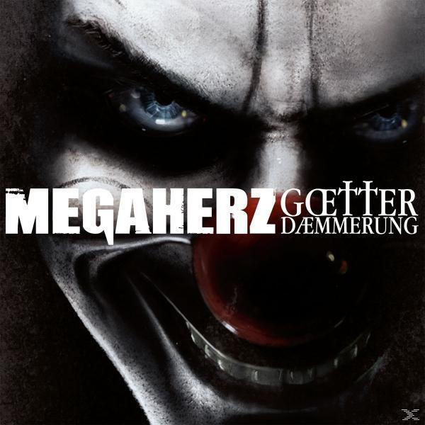 Albumcover mit dem Gesicht eines Clowns, betitelt Megaherz Götterdämmerung, mit Text in Weiß und Rot.