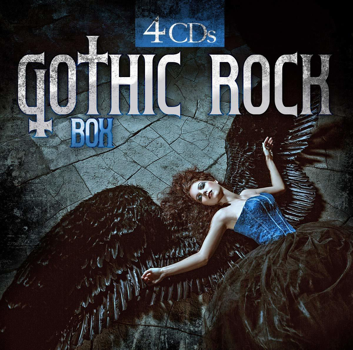Gothic Rock Box Albumcover. Eine Frau mit schwarzen Engelsflügeln liegt auf einer Steinoberfläche.