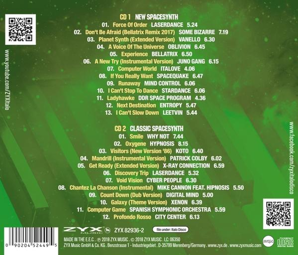 Albumcover für das ZYX Music New Spacesynth Album mit Titellisten.