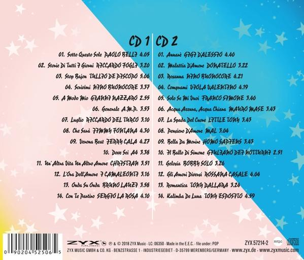 CD mit Songtiteln und Künstlernamen auf der Rückseite. Blauer und pinkfarbener Hintergrund.