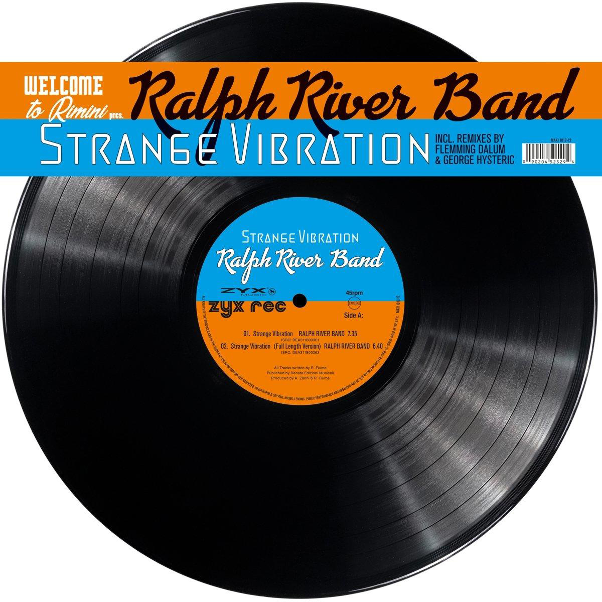 Vinyl Schallplatte. Schwarze Scheibe mit Label, das 'Strange Vibration' und Bandnamen hat.