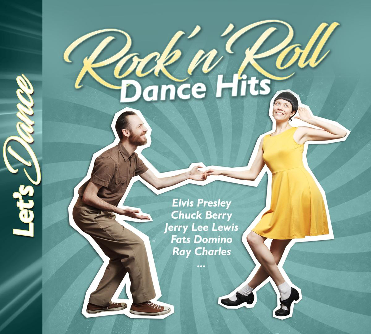 Rock 'n' Roll Dance Hits Albumcover. Ein tanzendes Paar mit blauem und grünem Hintergrund.