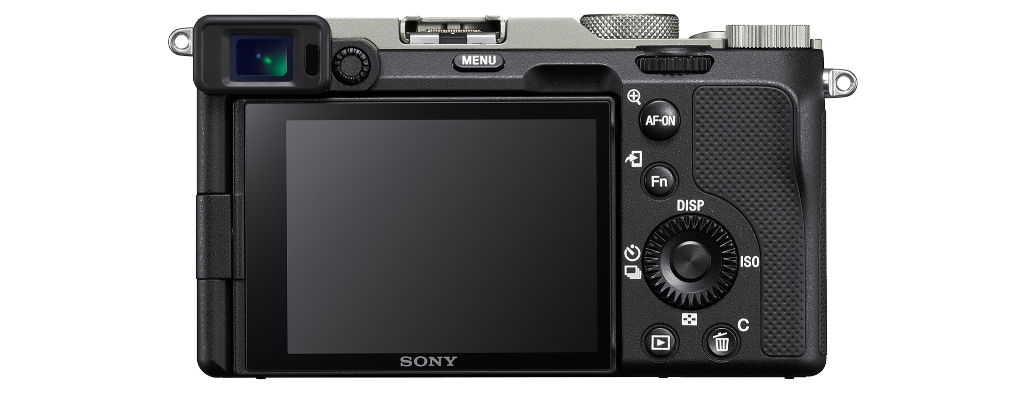 Die Rückseite einer schwarzen Sony Kamera mit Display.