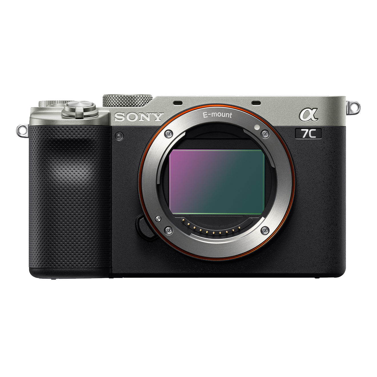 Sony Alpha 7C Kamera. Schwarzes und silbernes Gehäuse, Objektiv und Bildschirm sichtbar. Schwarzer Hintergrund.