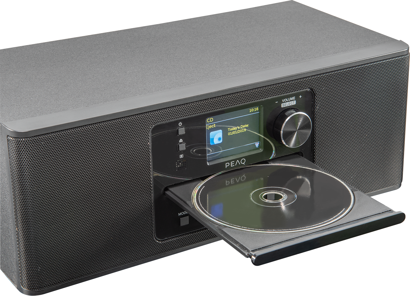 Un lecteur CD Peaq noir et gris avec un CD sorti.