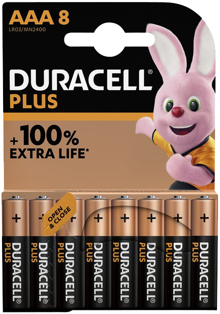 Verpakking Duracell Plus AAA-batterijen met roze konijnmascotte en tekst '100% extra life'.
