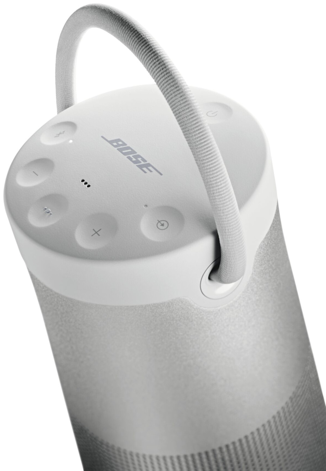 Witte BOSE-luidspreker met knoppen en een lusvormige handgreep.