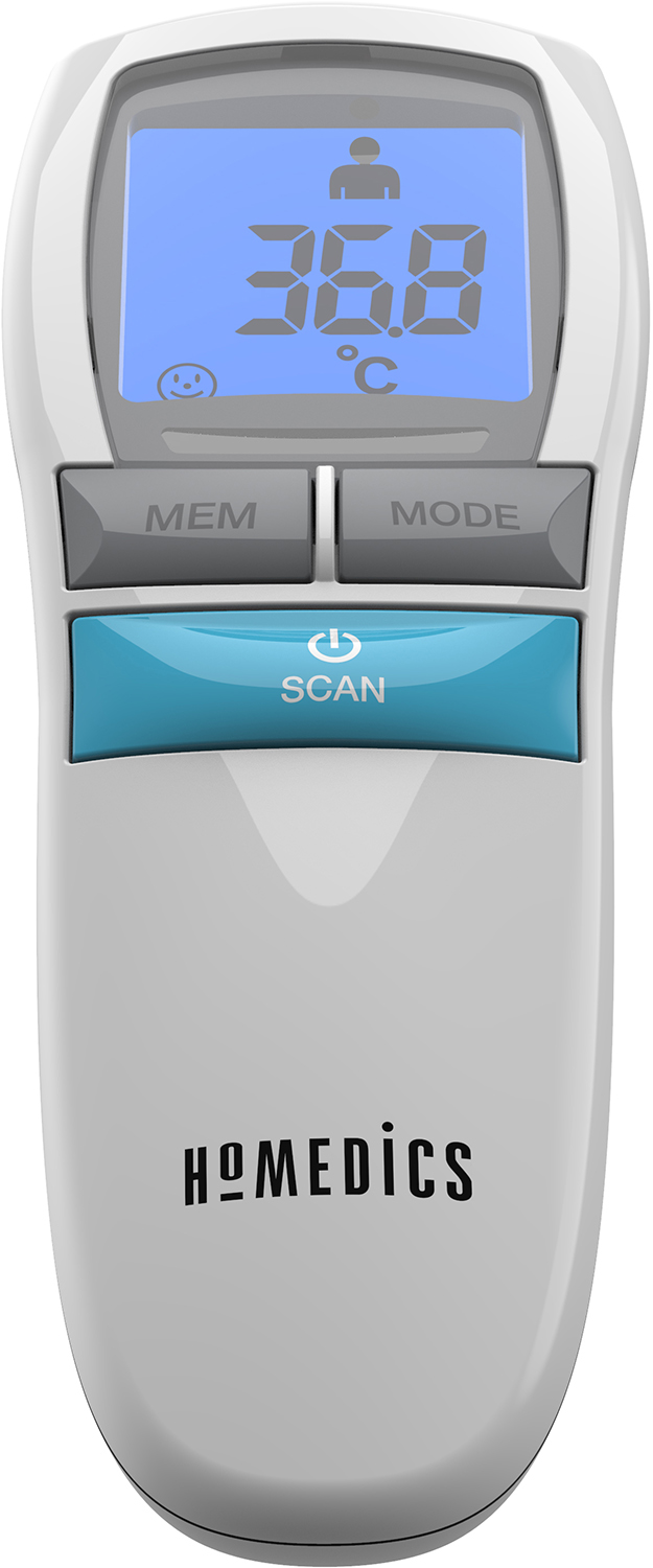 A white thermometer with a blue screen showing 36.8°C. It has two gray buttons and one blue button.