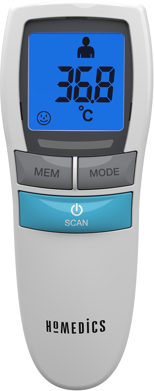 White and gray thermometer. Displays 36.8°C. Has MEM, MODE, and SCAN buttons, and a smiley face.