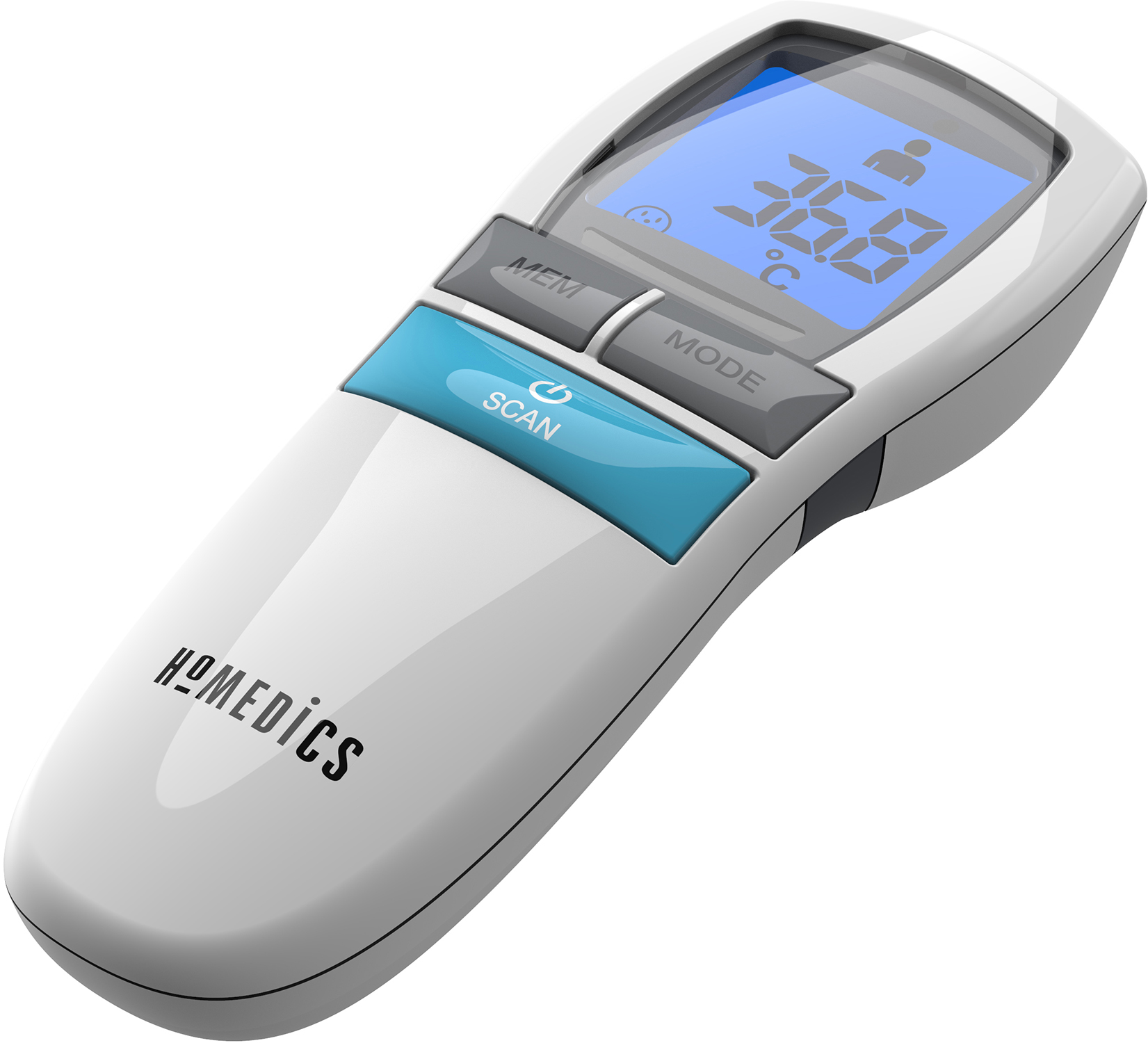 A white, handheld thermometer with a blue screen displays the temperature.