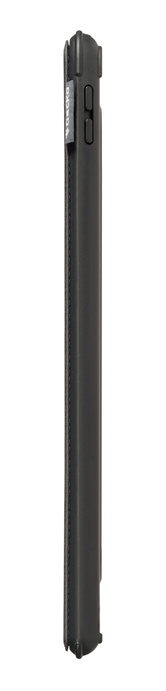 Black phone case side view, with buttons and brand label on a white background.