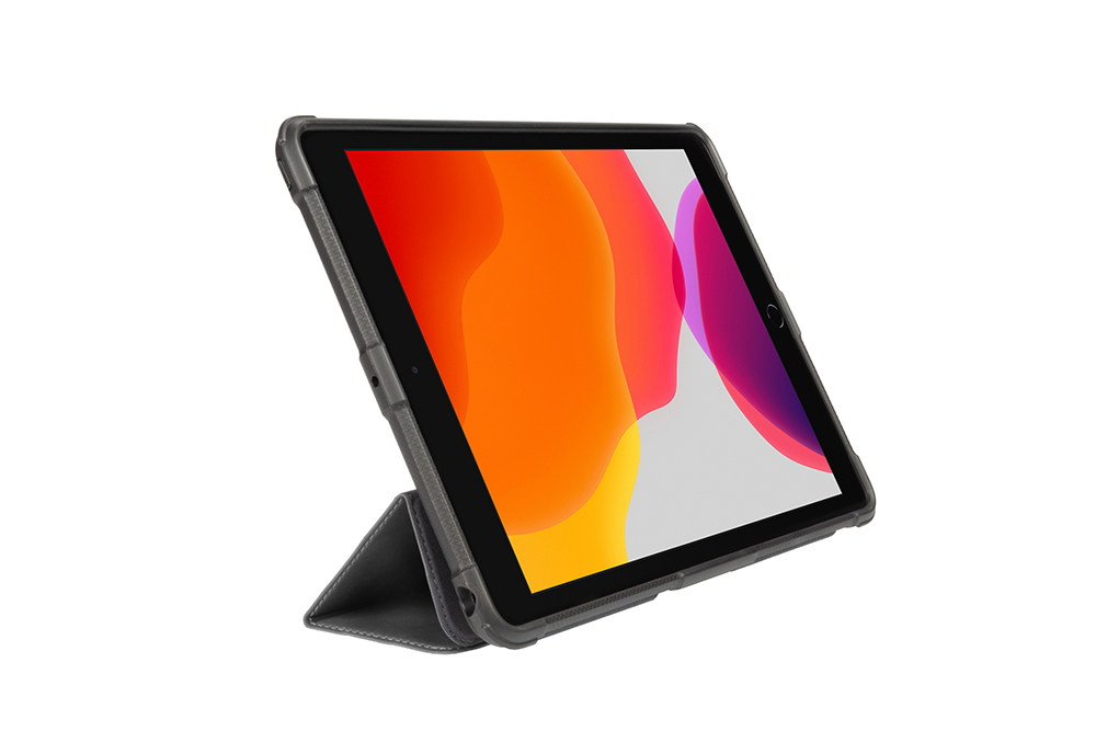 Angled view of a tablet in a dark gray case, with a colorful screen display and a stand.