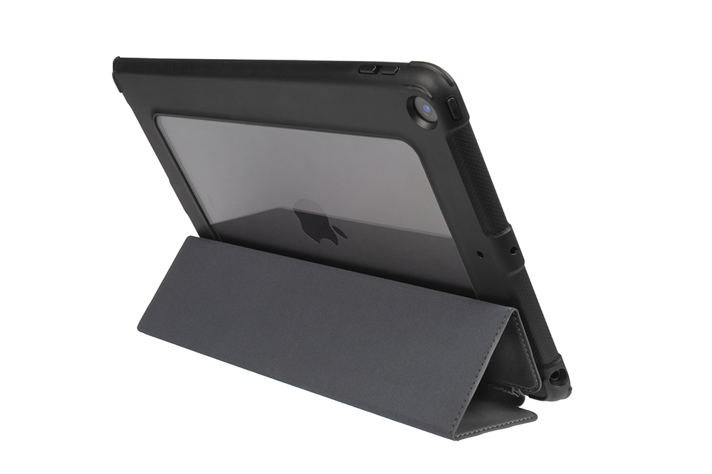 Black tablet in a black case, angled upwards. The case is open, and the screen is visible.