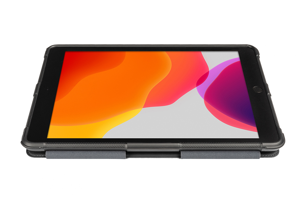 An iPad in a black case on a white background. The screen shows colorful abstract shapes.