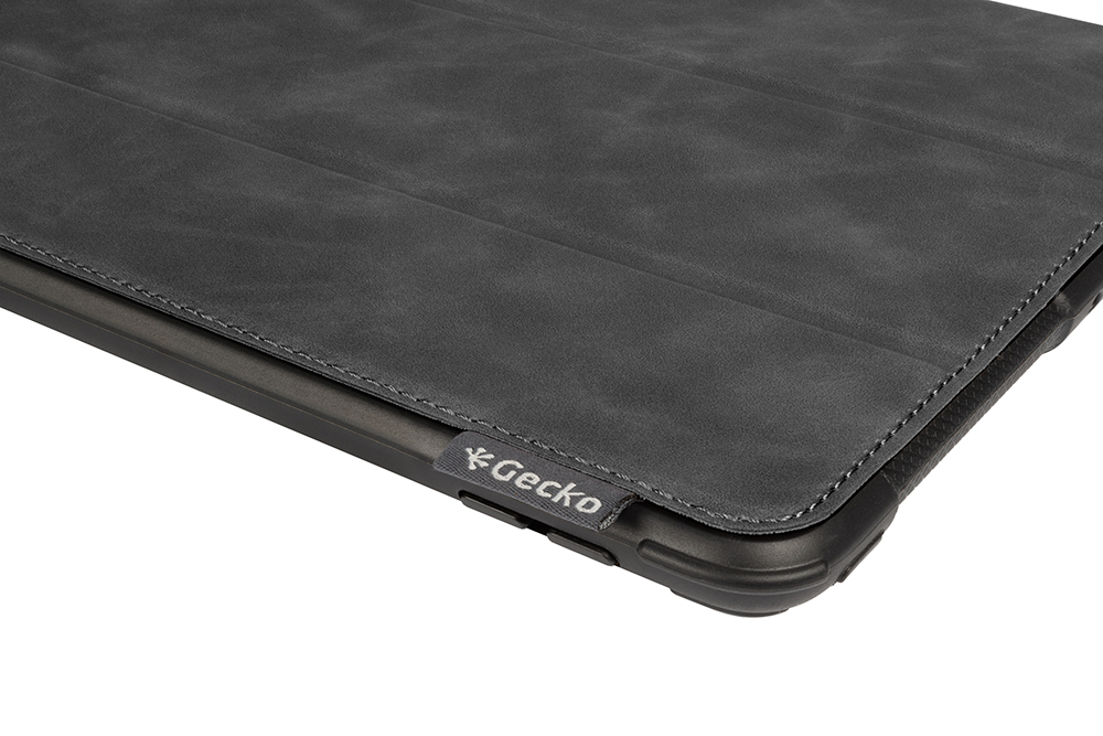 A dark gray tablet case with a Gecko logo.
