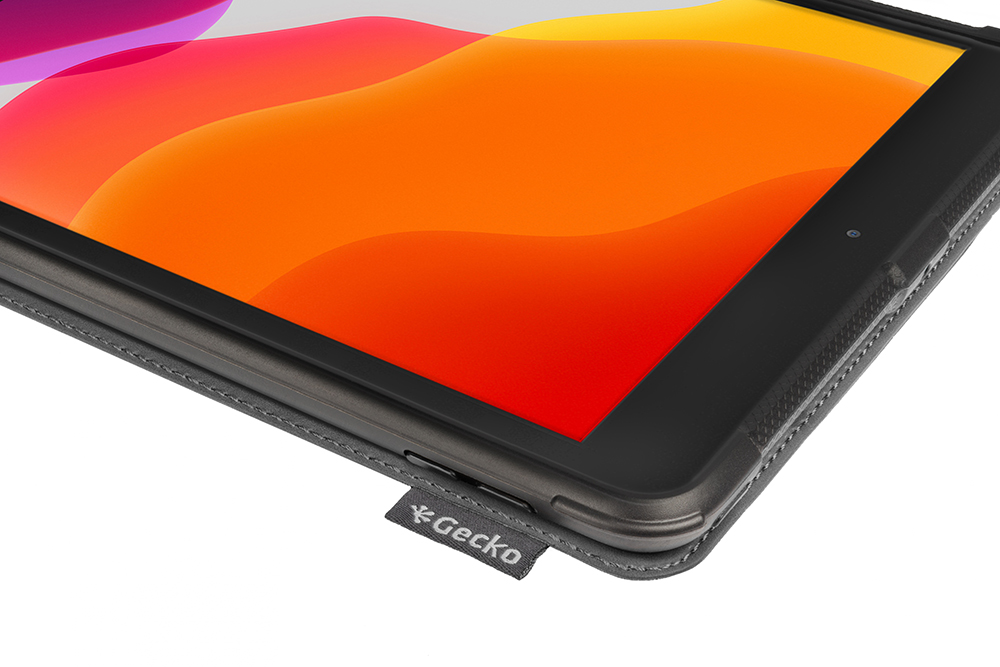 Close-up of an iPad in a case with a 'Gecko' tag. Orange, purple and gray colors are visible.