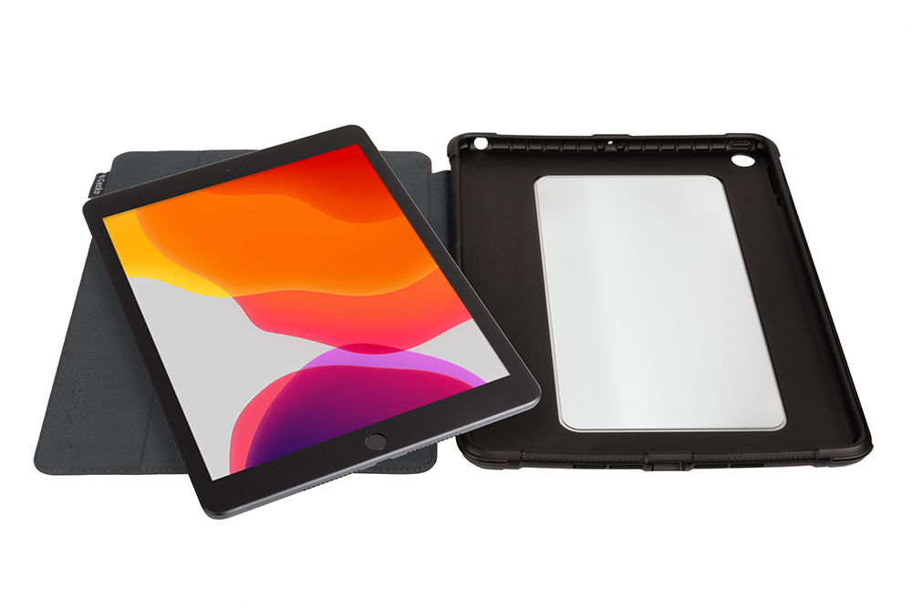 Open tablet with screen showing colorful graphics in a case.