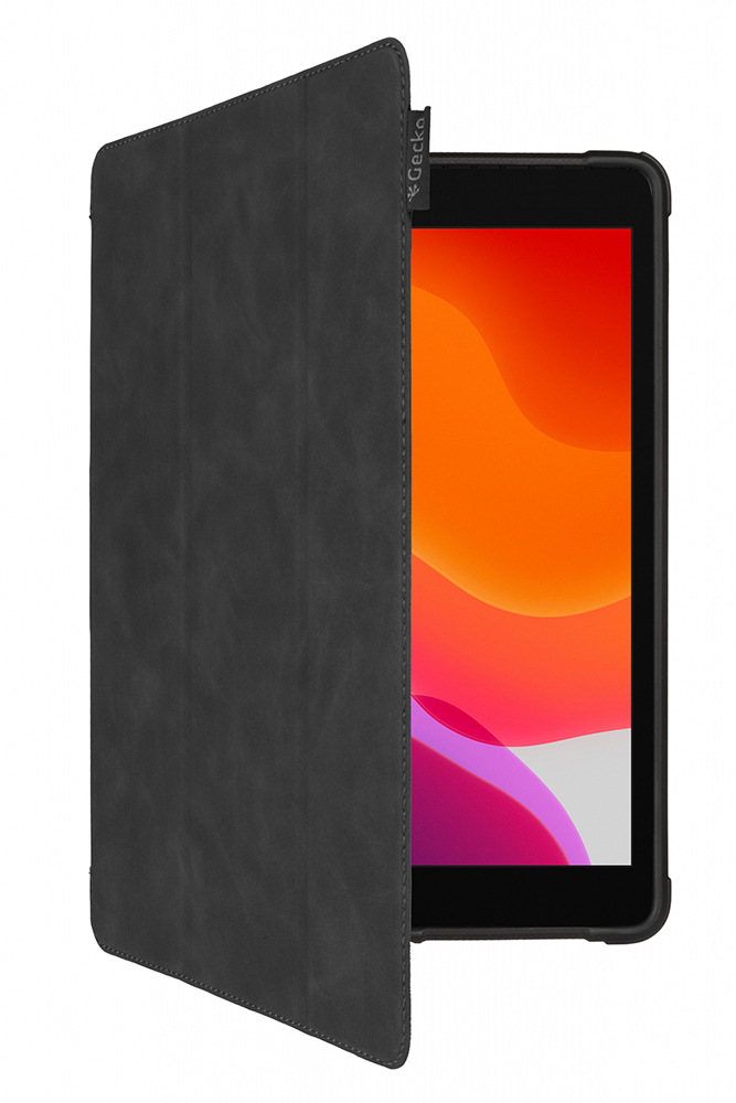 Black tablet in a black cover. Tablet screen displays a colorful abstract background.