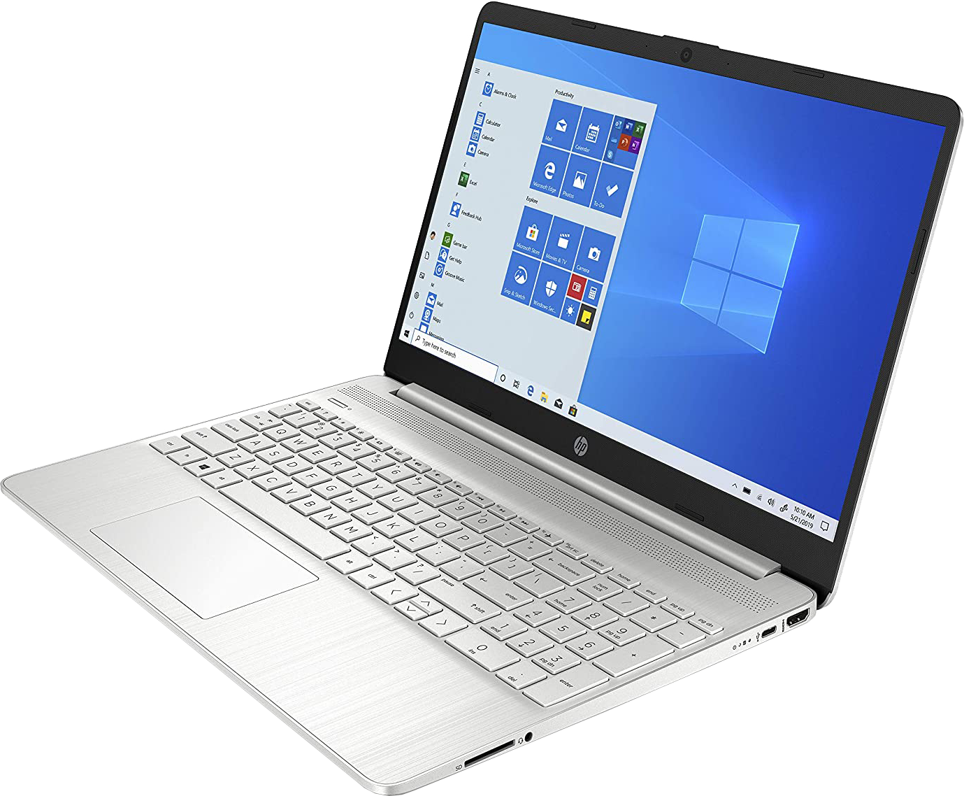 Ezüst laptop fehér felületen, a Windows asztalt jeleníti meg.