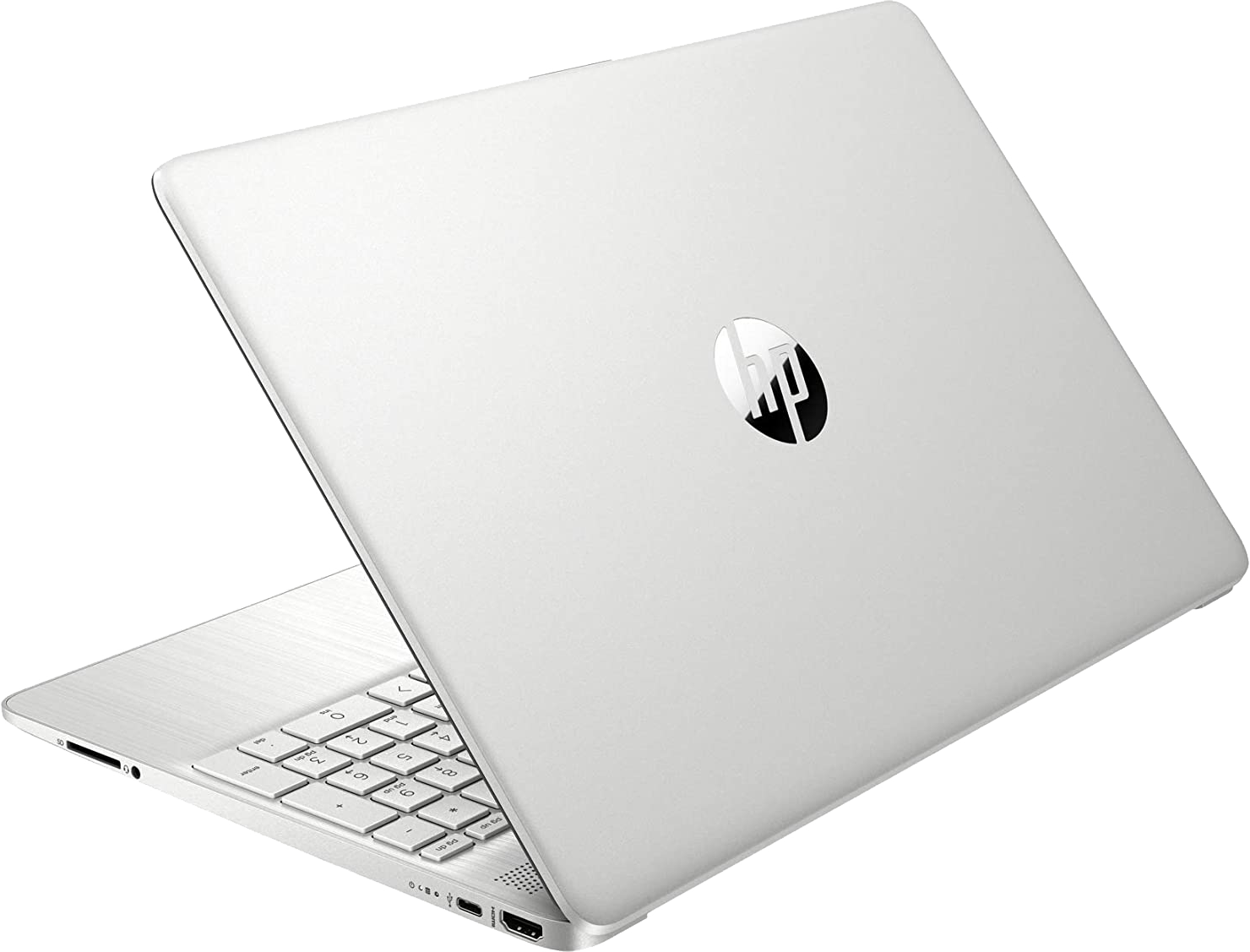Fehér laptop HP logóval, nyitva, a billentyűzetet mutatva. A háttér fekete.