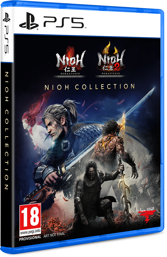 PS5-gamebox. Titel "Nioh Collection", met personages met zwaarden. "Nioh 1 en 2" logo's zijn aanwezig.