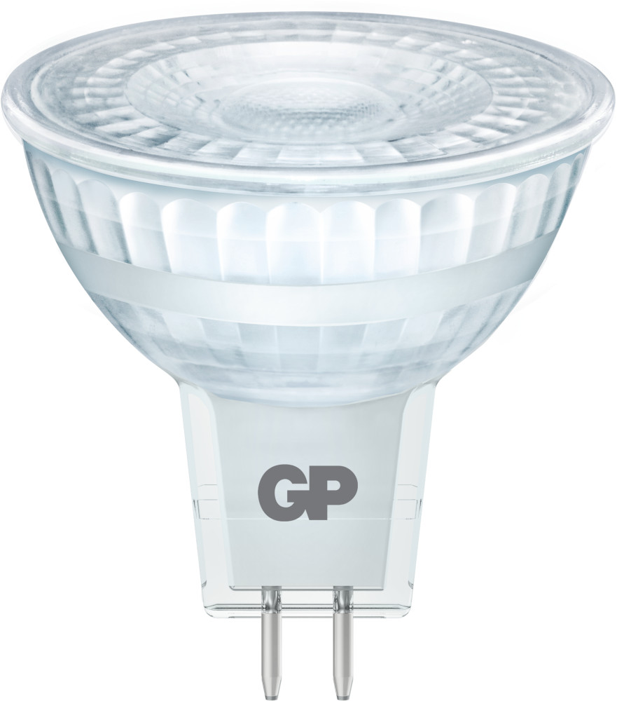 Close-up of a clear GP brand spotlight bulb. The bulb has two pins.