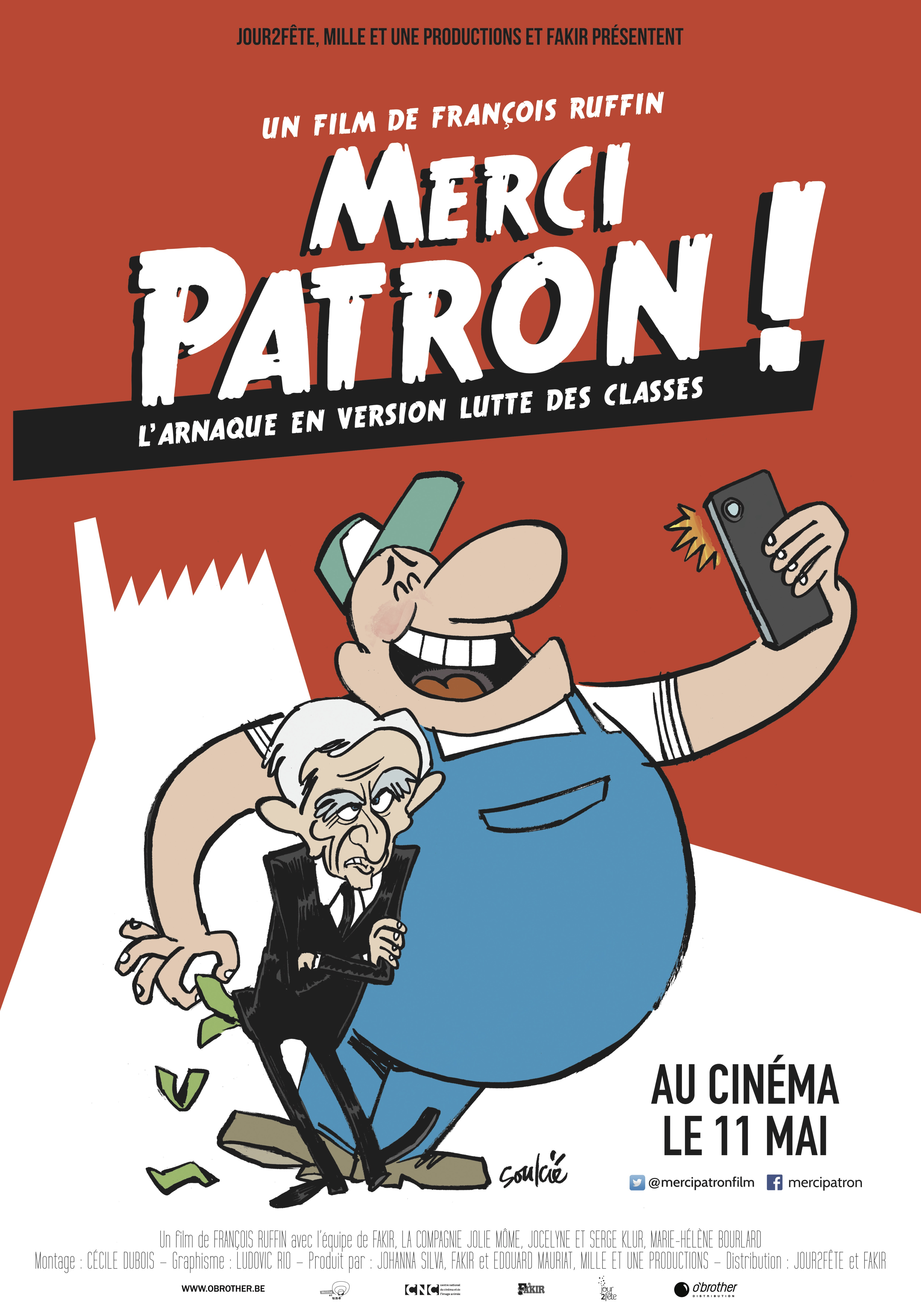 Filmposter voor Merci Patron! Cartoonafbeelding van twee mannen en tekst in het Frans.