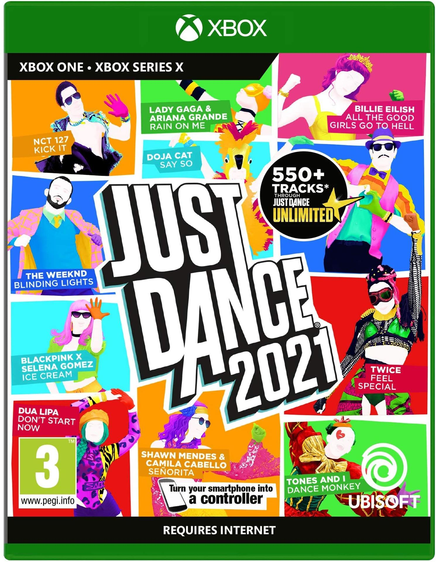 Just Dance 2021 Xbox borító Billie Eilish és Lady Gaga előadókkal.