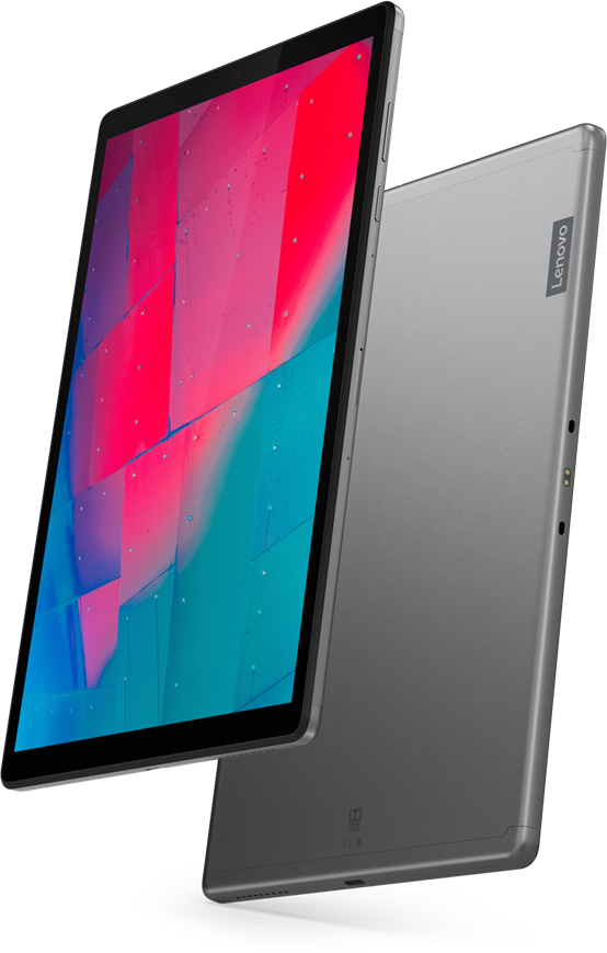Szürke Lenovo tablet, színes képernyővel. Egy másik tablet van mögötte.