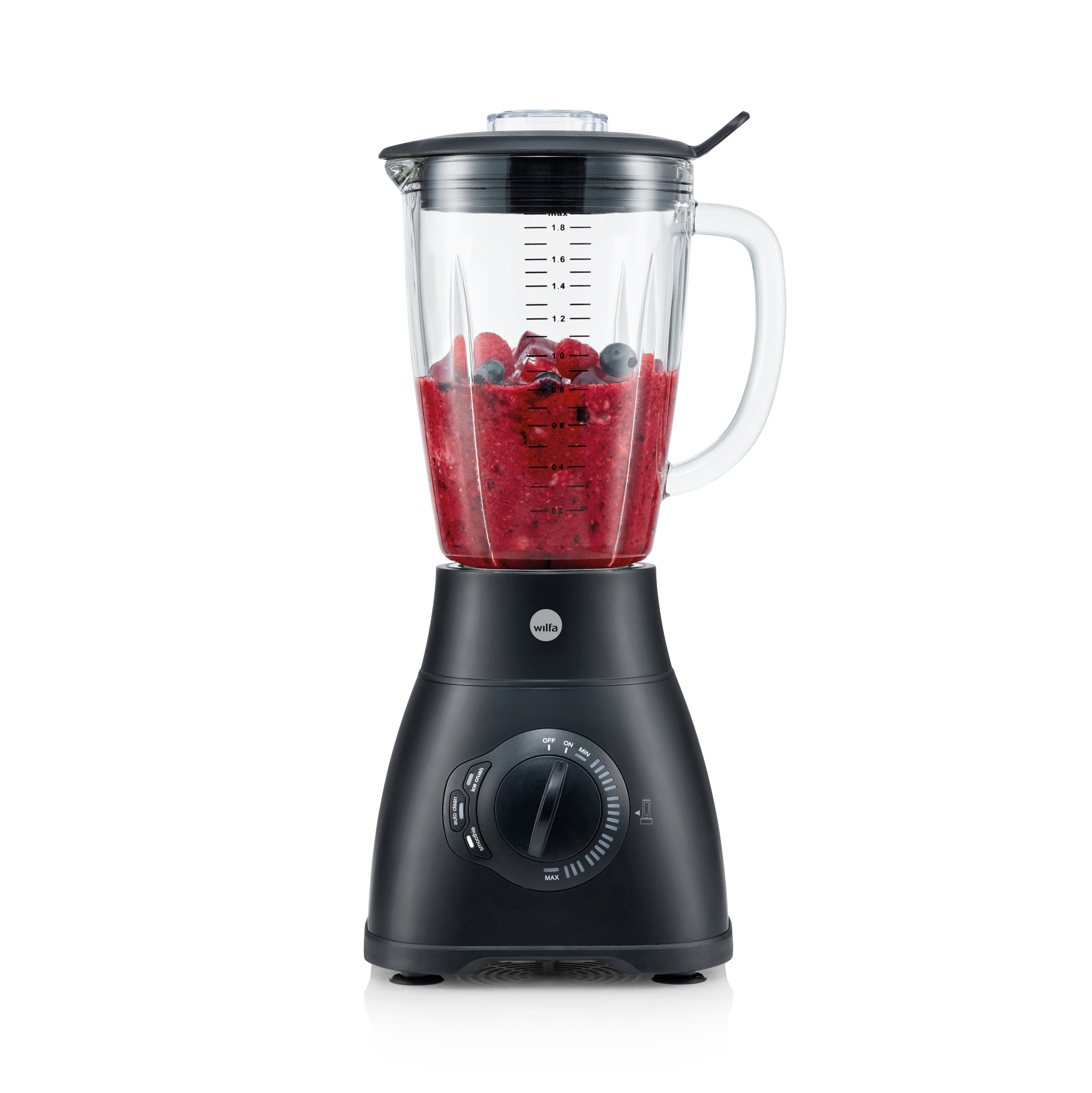 Mixer gefüllt mit roten Beeren. Schwarze Basis und klares Glas.