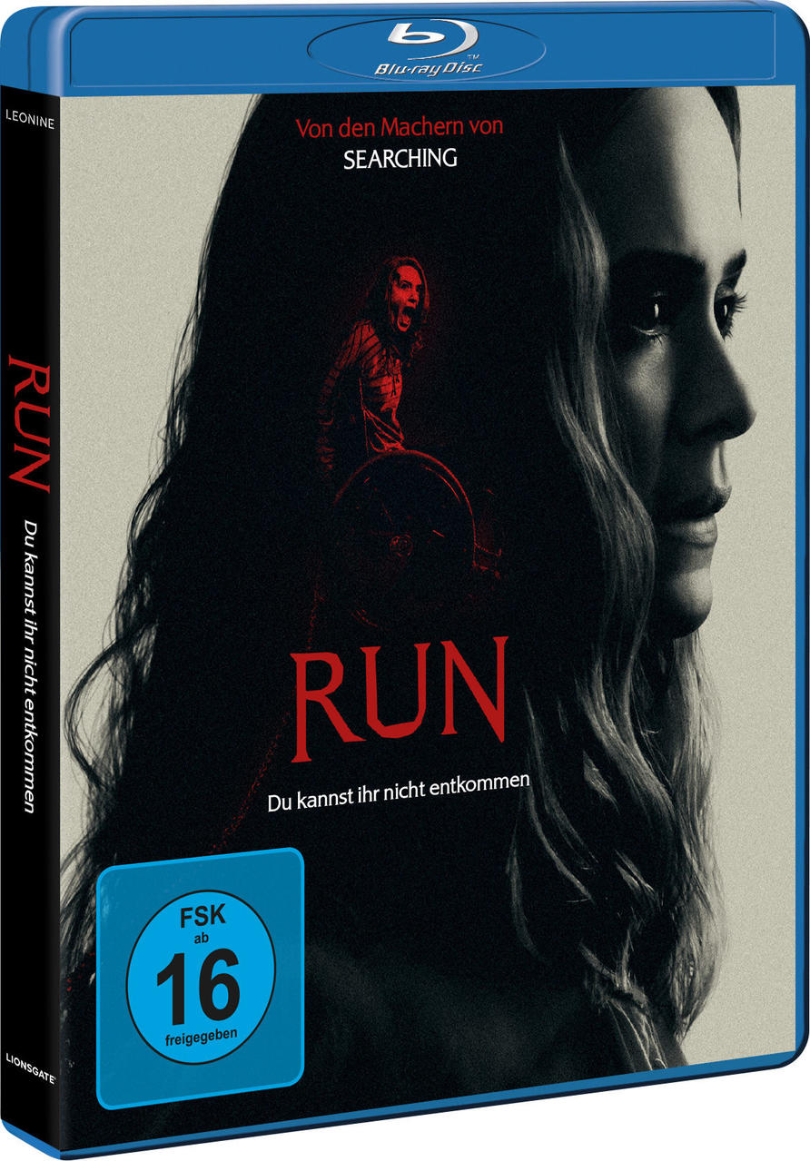 Blu-ray-Hülle mit einem Frauengesicht und dem Titel 'RUN' in Rot.